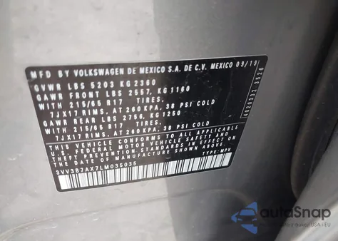 2020 Volkswagen Tiguan 2.0T Se/2.0T Se R-Line Black/2.0T Sel из США, поврежденный, VIN 3VV3B7AX7LM035035